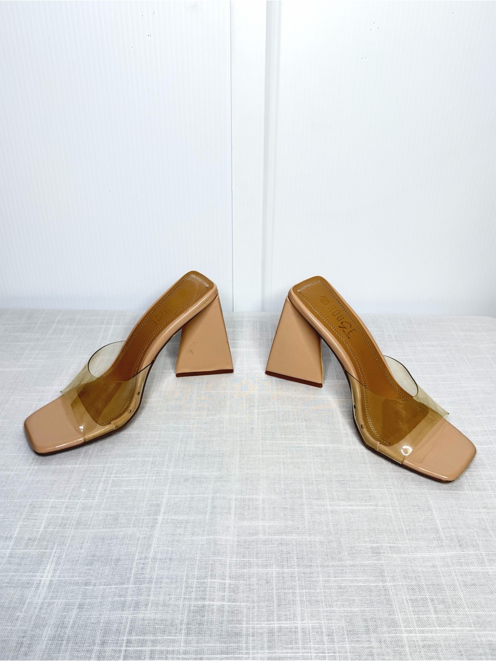 Rouge Clear Strap Square Toe Mule Heels Nude Block Heel Size 7.5